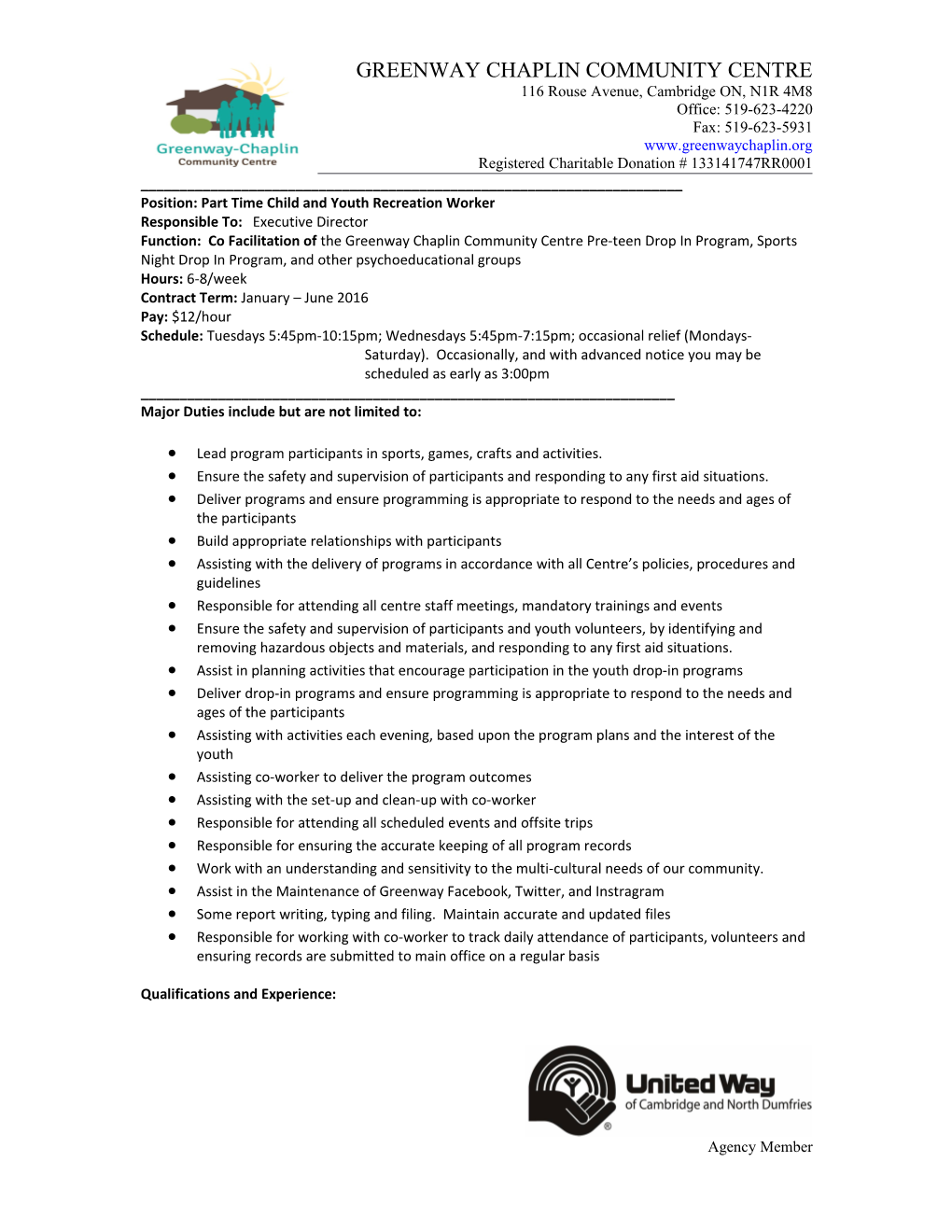 Position: Part Time Child and Youth Recreation Worker