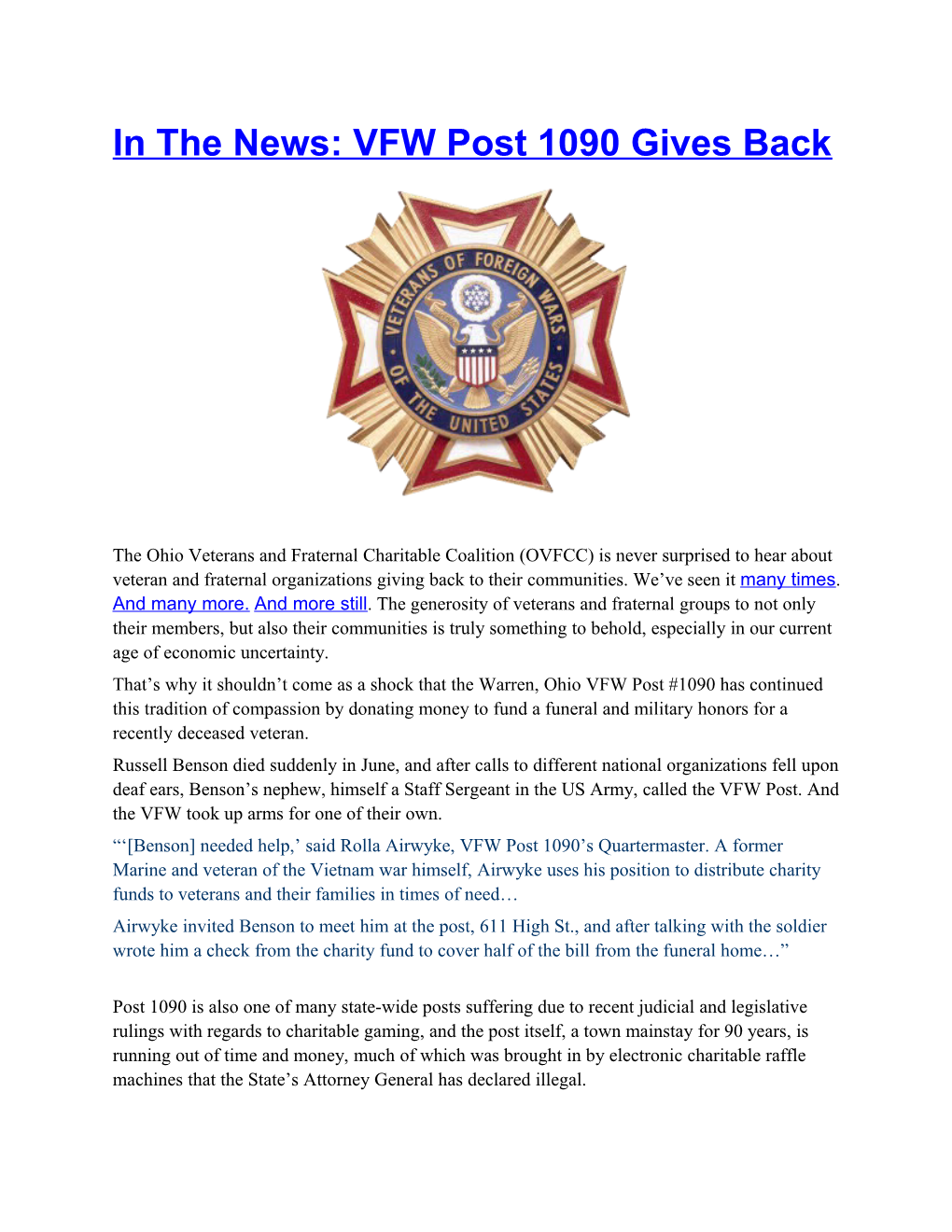 In the News: VFW Post 1090 Gives Back