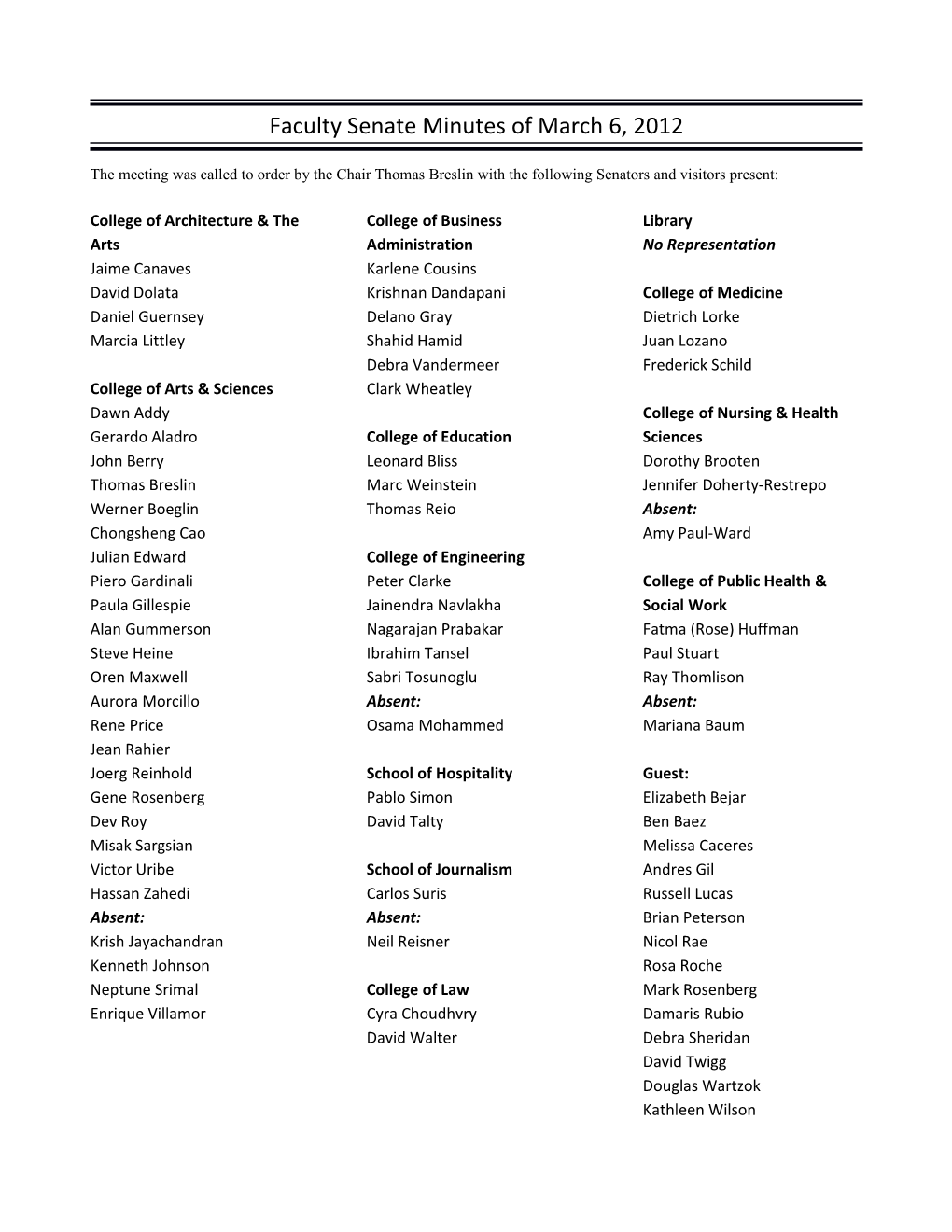 Faculty Senate Minutes of March 6, 2012