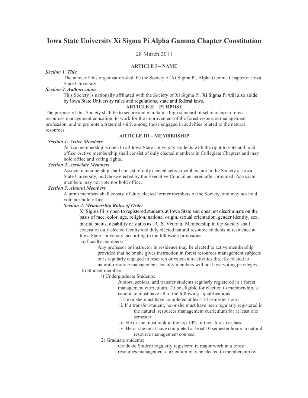 Iowa State University Xi Sigma Pi Alpha Chapter Constitution