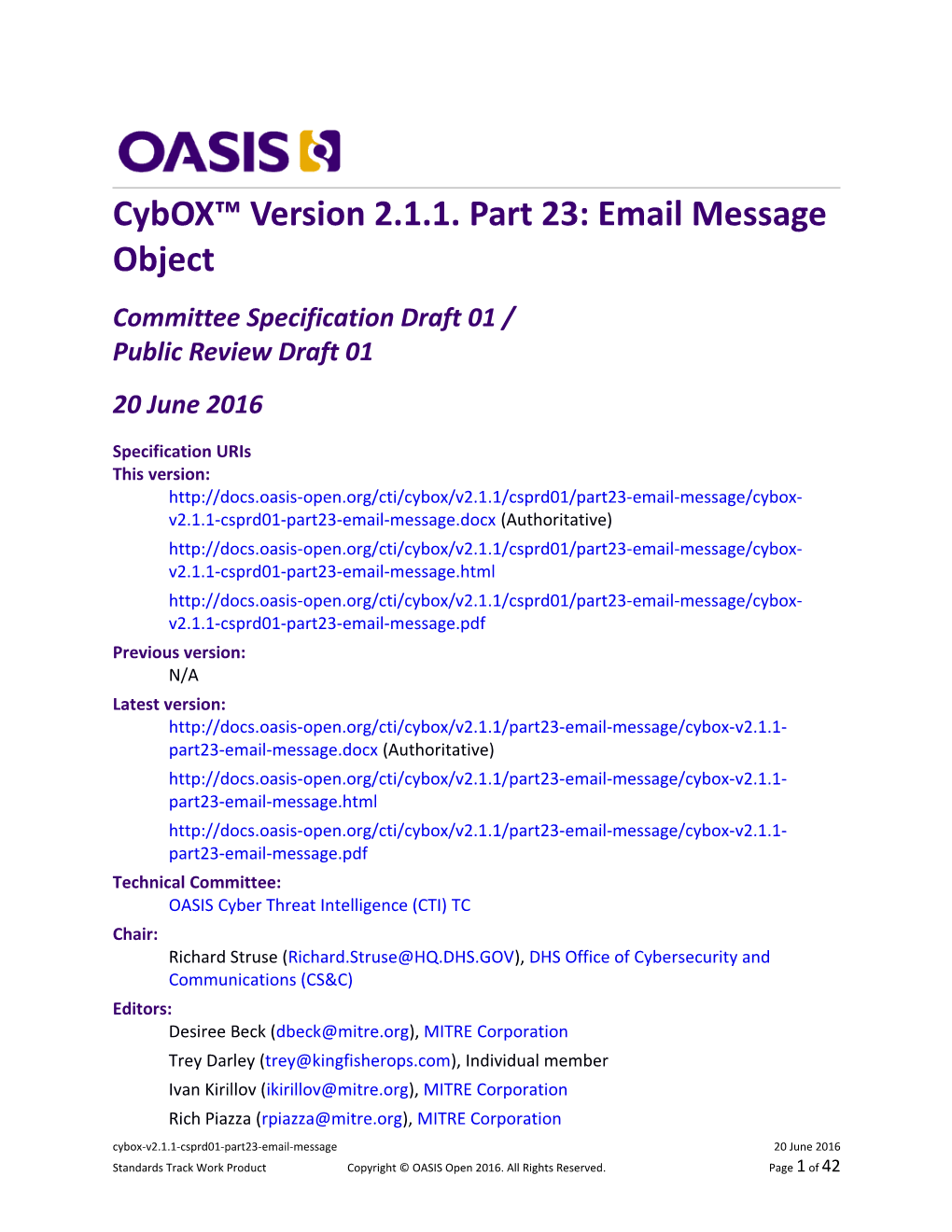 Cybox Version 2.1.1. Part 23: Email Message Object