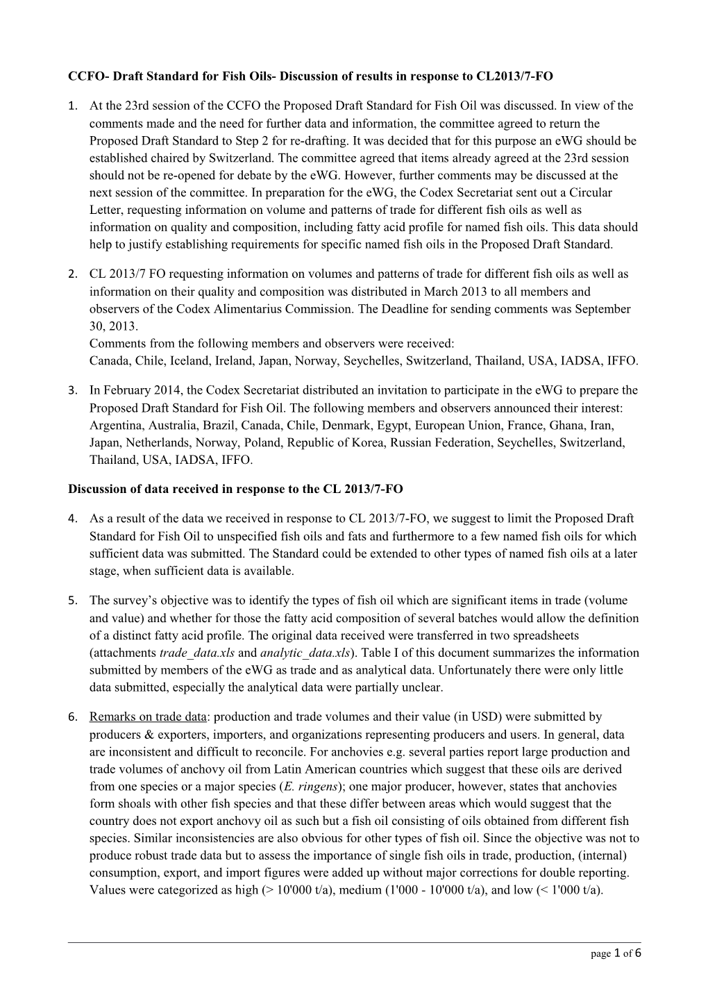 CCFO- Draft Standard for Fish Oils- Discussion of Results in Response to CL2013/7-FO