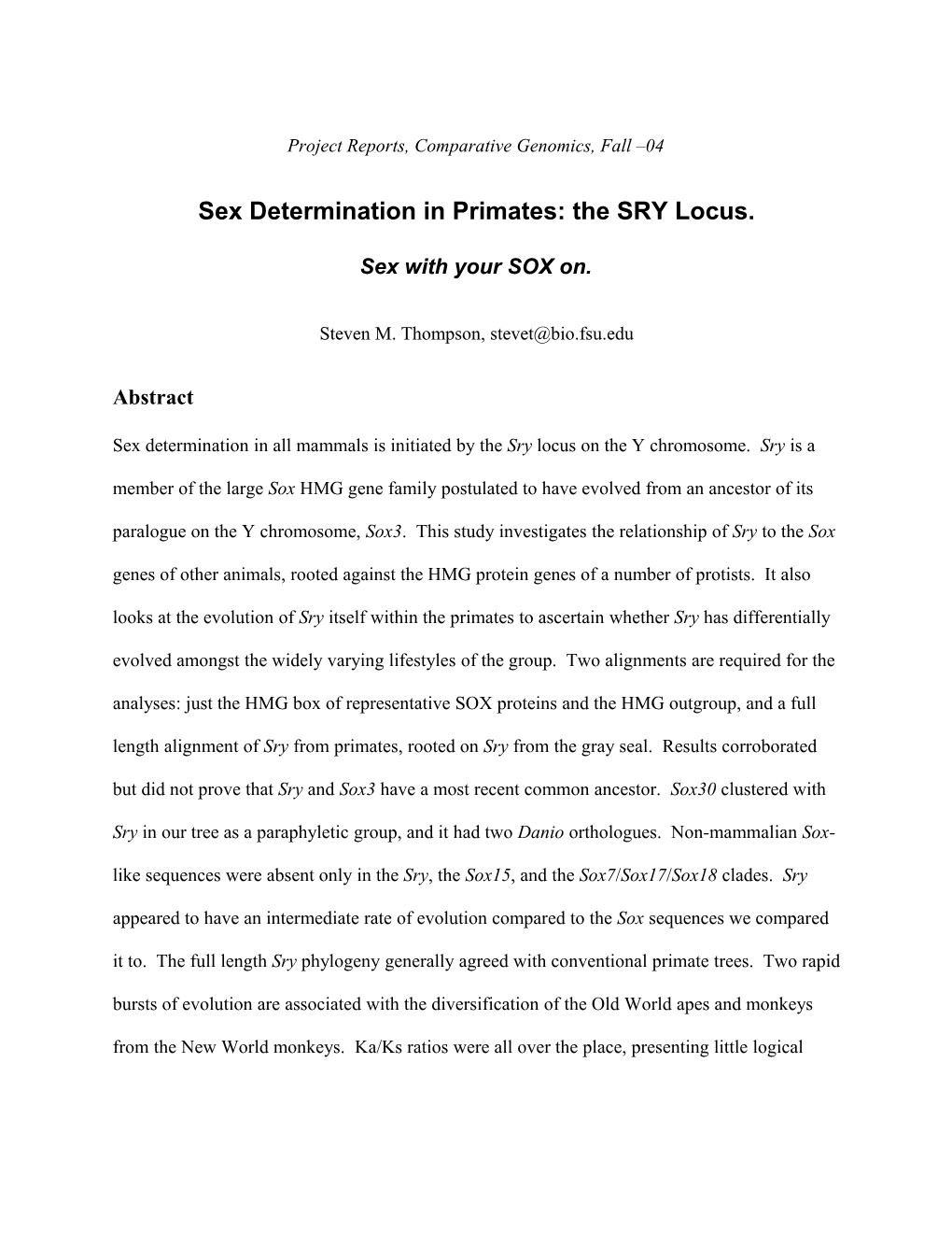 Project Reports, Comparative Genomics, Fall 04