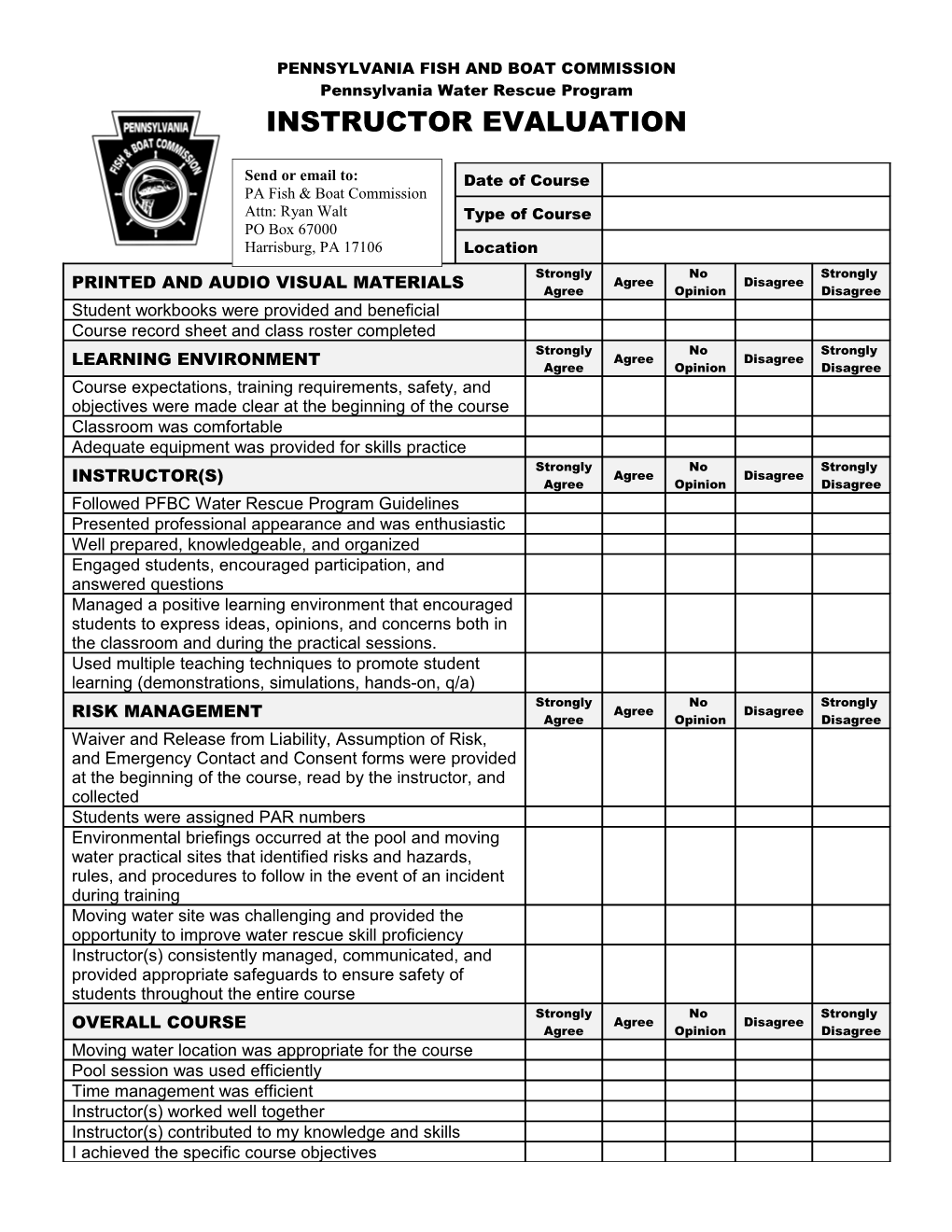 Water Rescue Instructor Evaluation Form