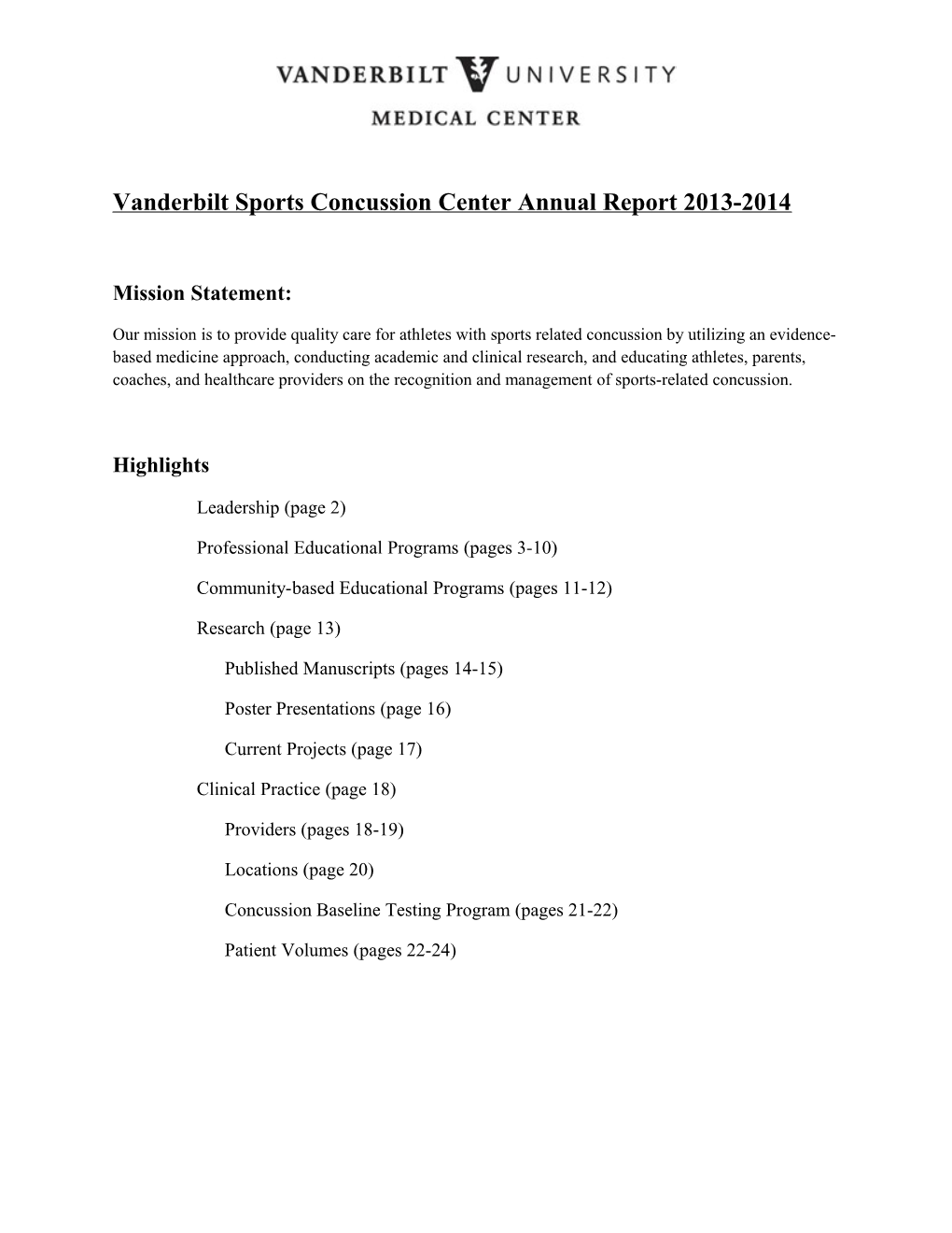 Vanderbilt Sports Concussion Center Annual Report 2013-2014