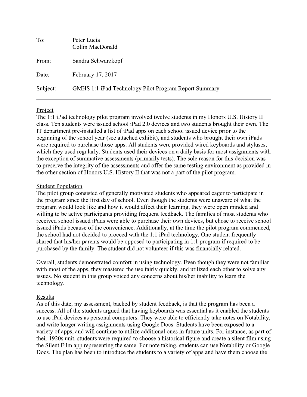 Subject: GMHS 1:1 Ipad Technology Pilot Program Report Summary