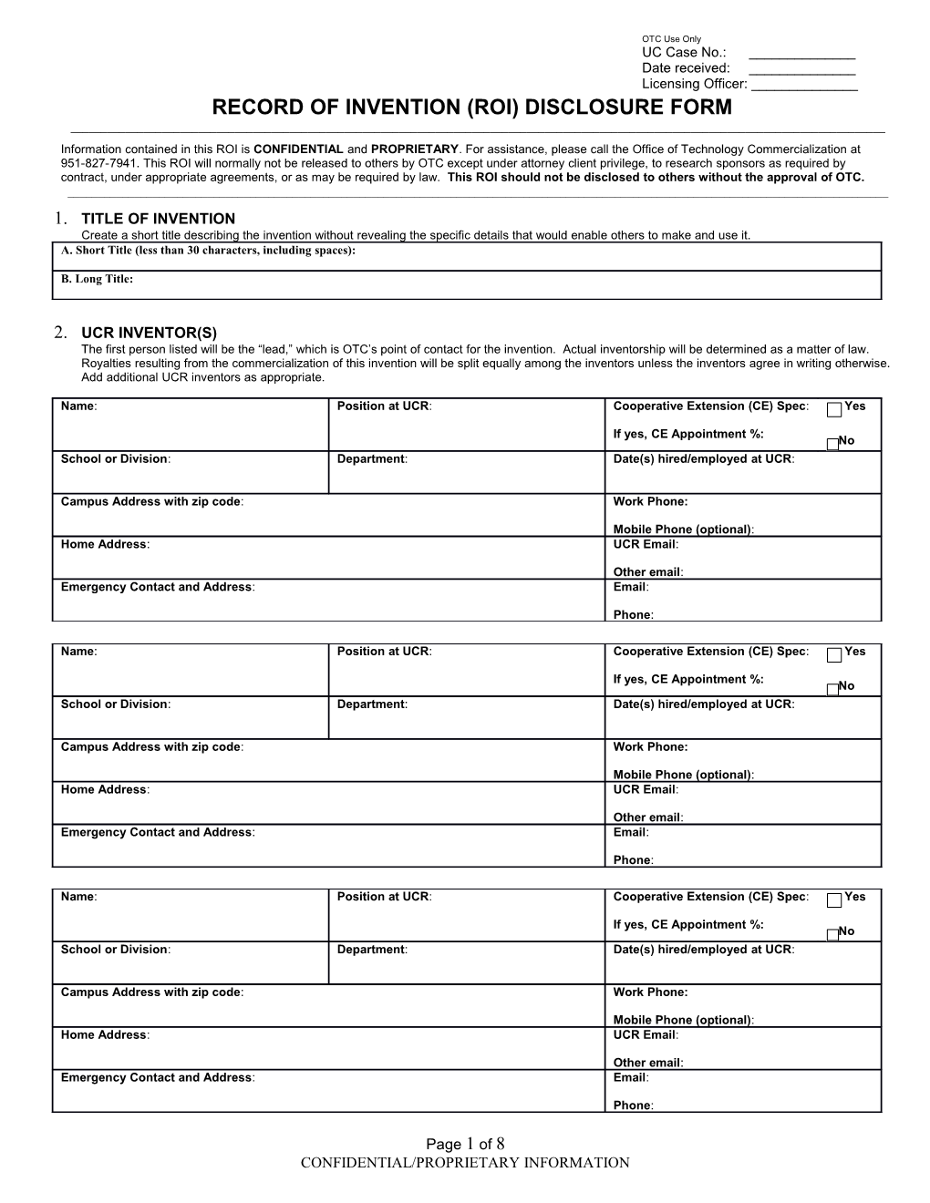 Record of Invention (Roi) Disclosure Form