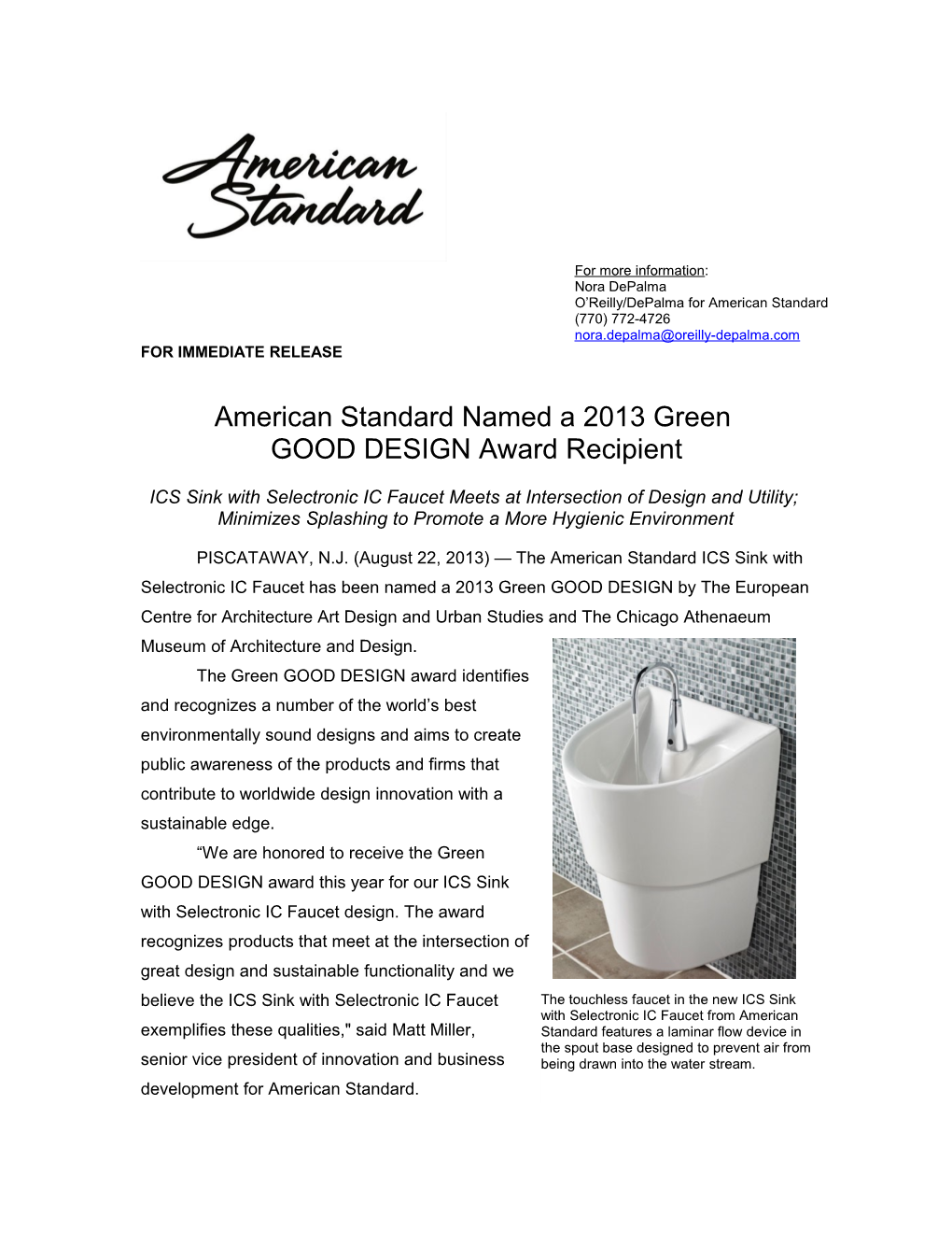 American Standard Named a 2013 Green GOOD DESIGN Award Recipient3-3-3