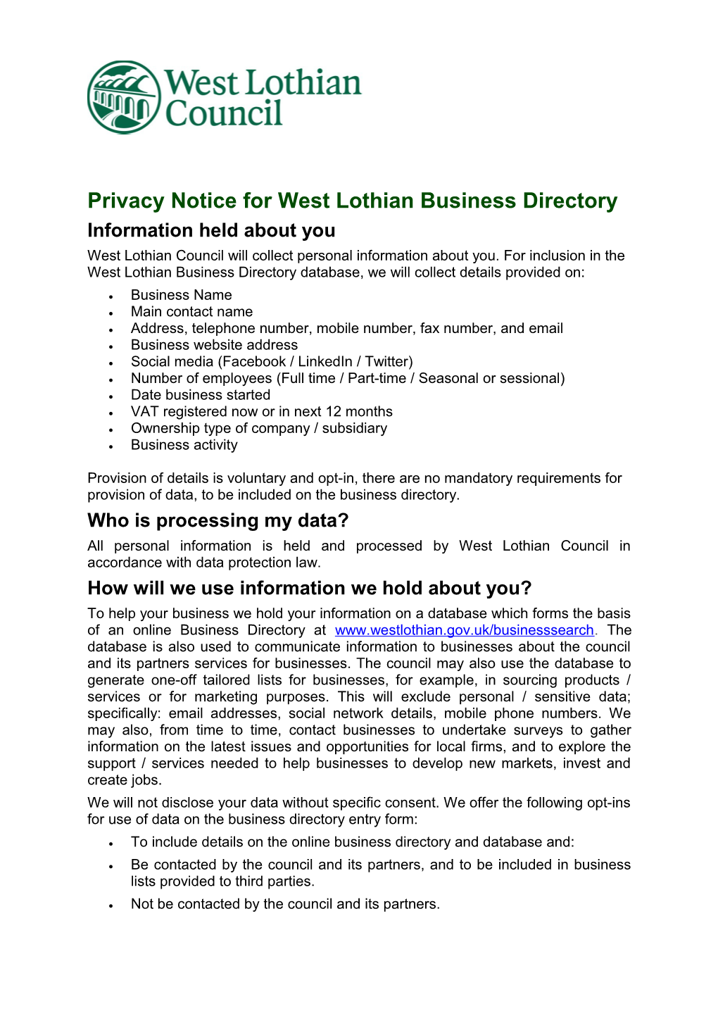 Privacy Notice for West Lothian Business Directory