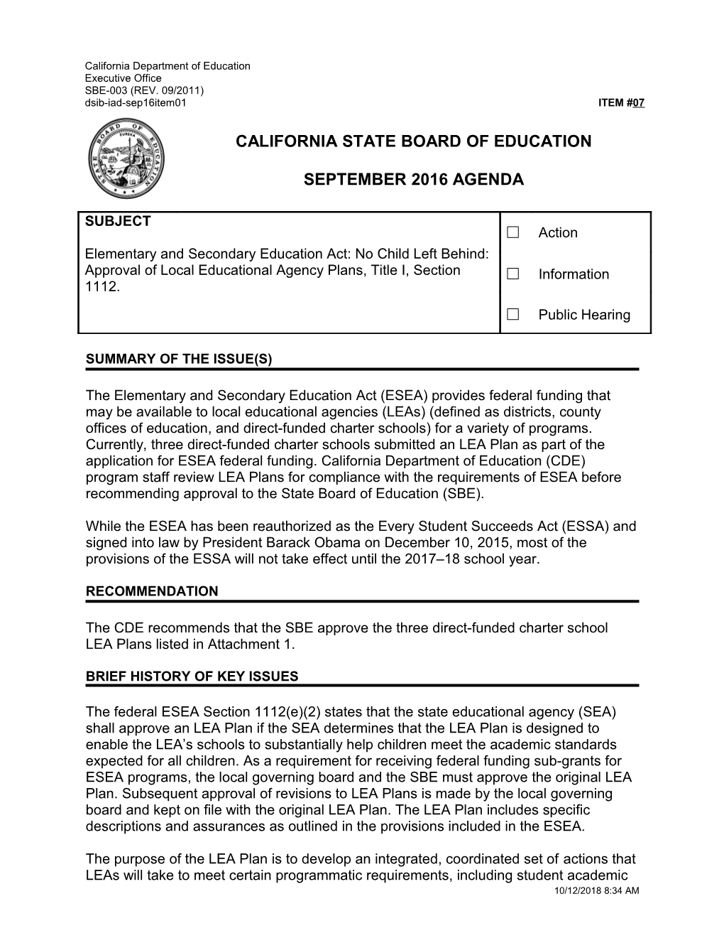 September 2016 Agenda Item 07 - Meeting Agendas (CA State Board of Education)