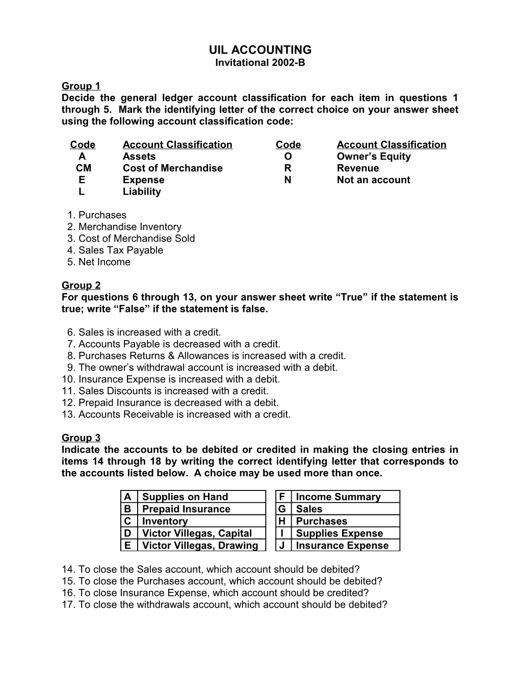 UIL Accounting Invitational 2002-B1