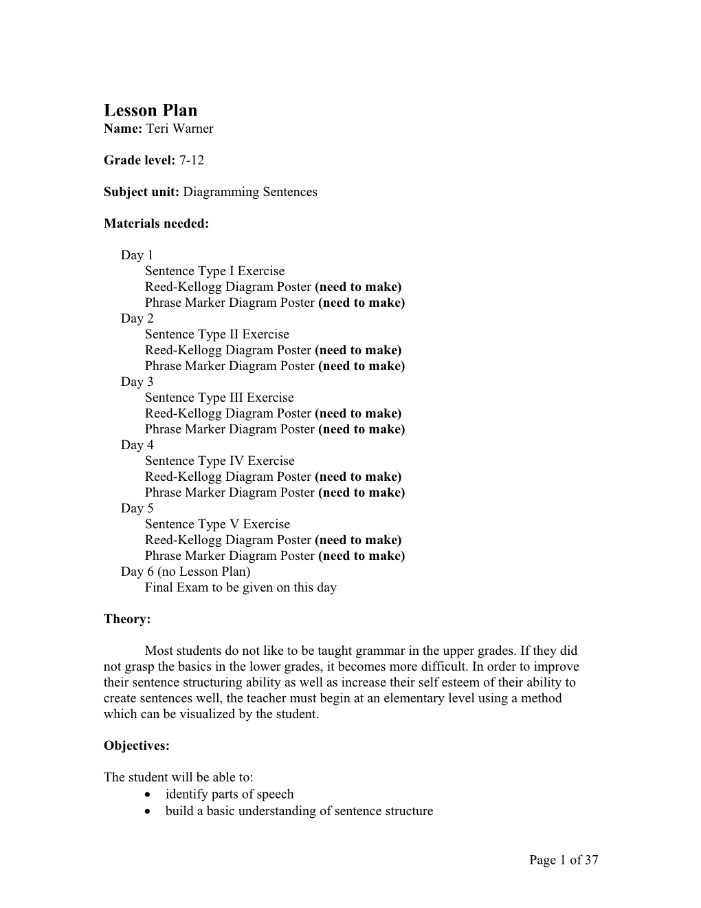 Sentence Diagramming Lesson Plan