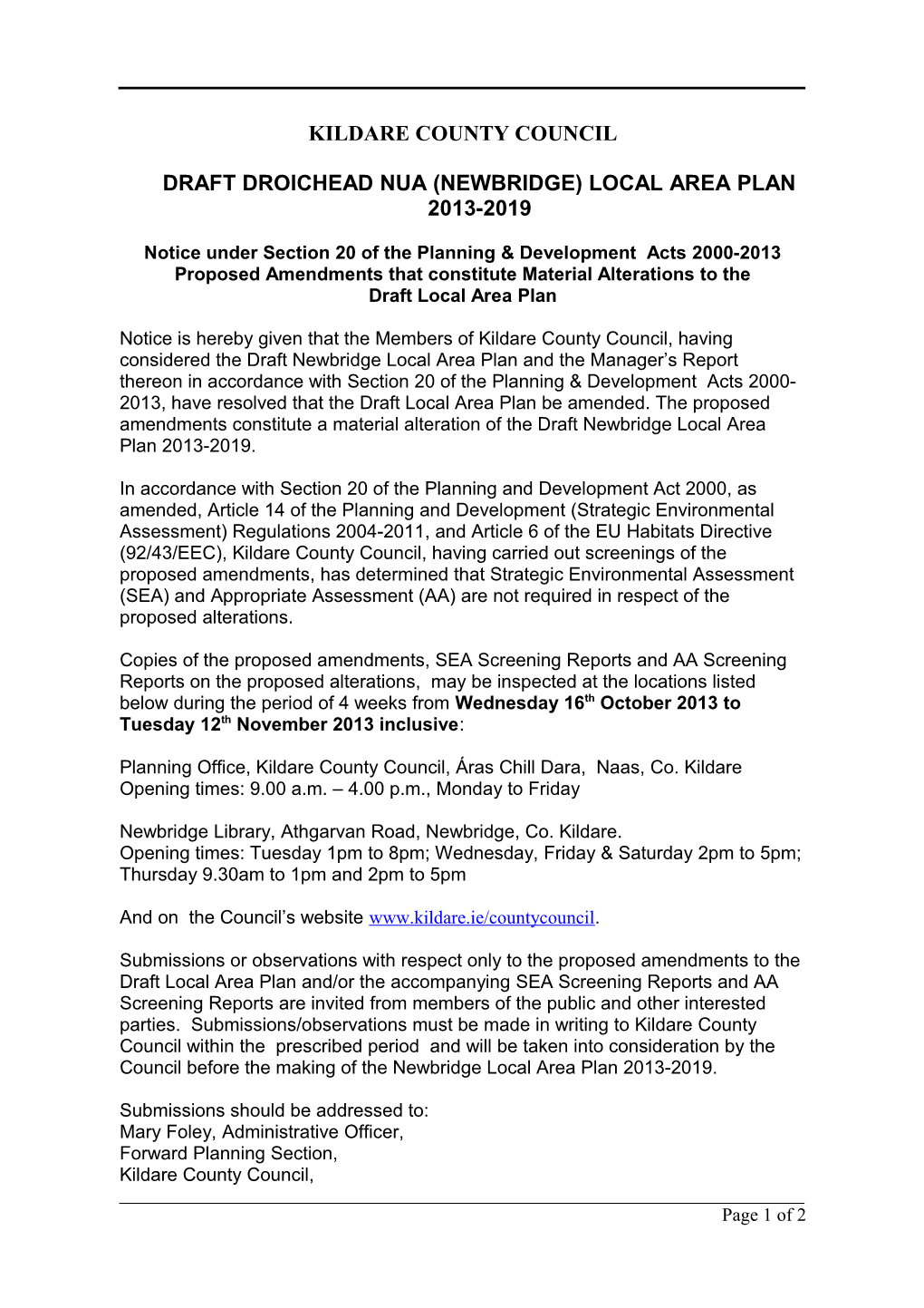 Draft Droichead Nua (Newbridge) Local Area Plan 2013-2019