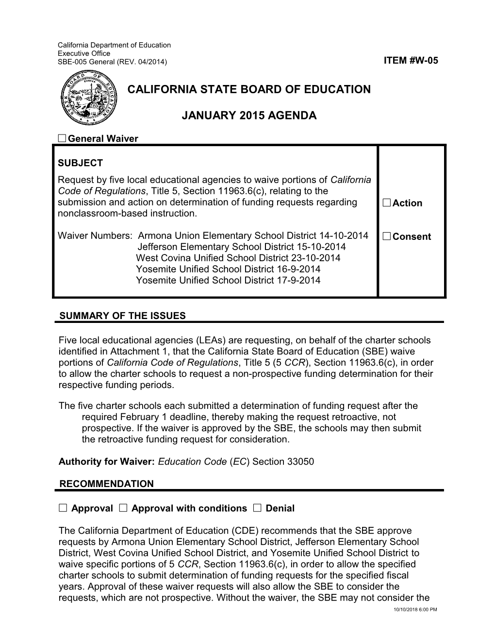 January 2015 Waiver Item W-05 - Meeting Agendas (CA State Board of Education)