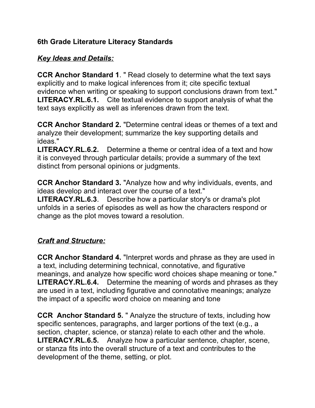 6Th Grade Literature Literacy Standards