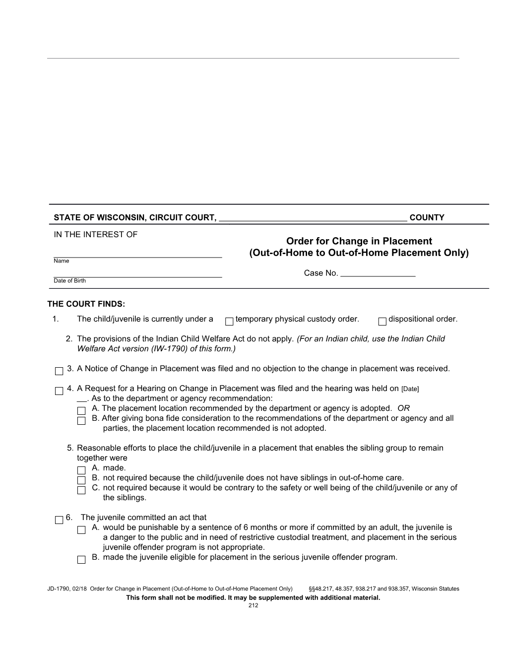 JD-1790: Order for Change in Placement (Out-Of-Home to Out-Of-Home Placement Only)