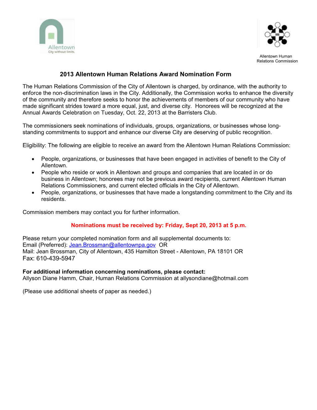 Allentown Human Relations Award Nomination Form