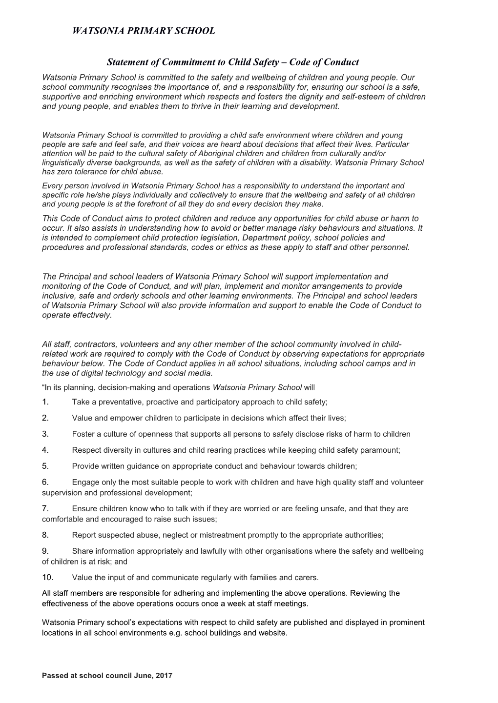 Statement of Commitment to Child Safety Code of Conduct