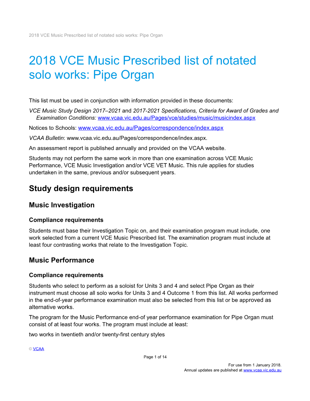 2018 VCE Music Prescribed List of Notated Solo Works: Pipe Organ