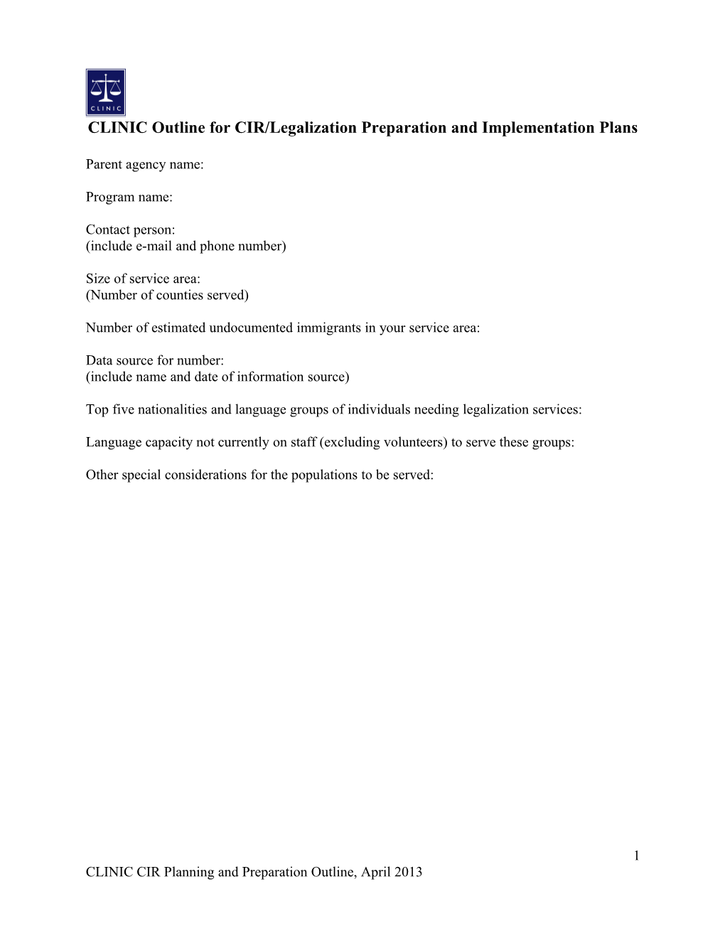 CLINIC Outline for CIR/Legalization Preparation and Implementation Plans