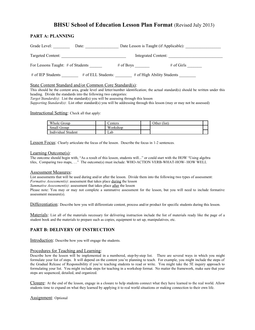 BHSU School of Education Lesson Plan Format (Revised July 2013)