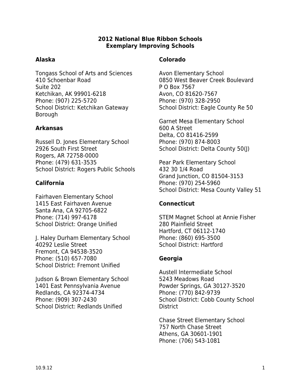 Exemplary Improving Schools: 2012 National Blue Ribbon Schools September 27, 2012 (MS Word)