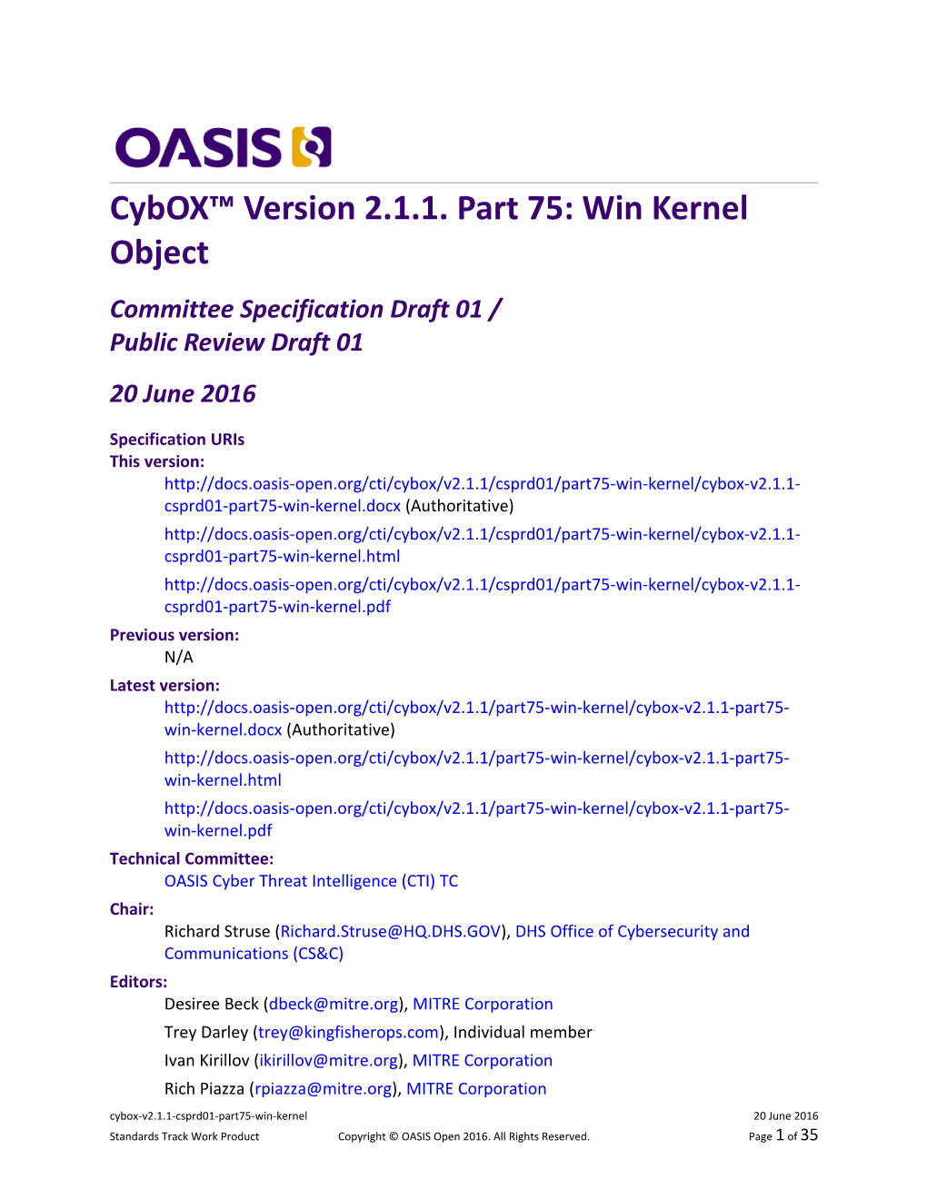 Cybox Version 2.1.1. Part 75: Win Kernel Object