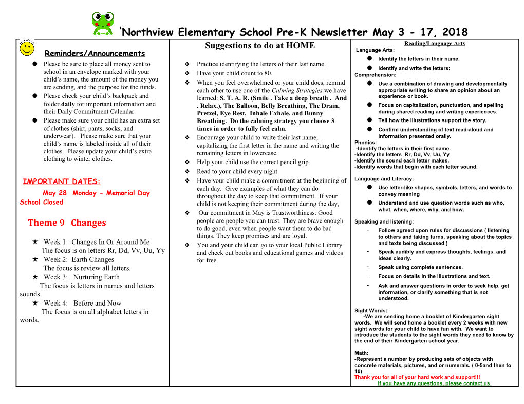 Northview Elementary School Pre-K Newsletter May 3 - 17, 2018