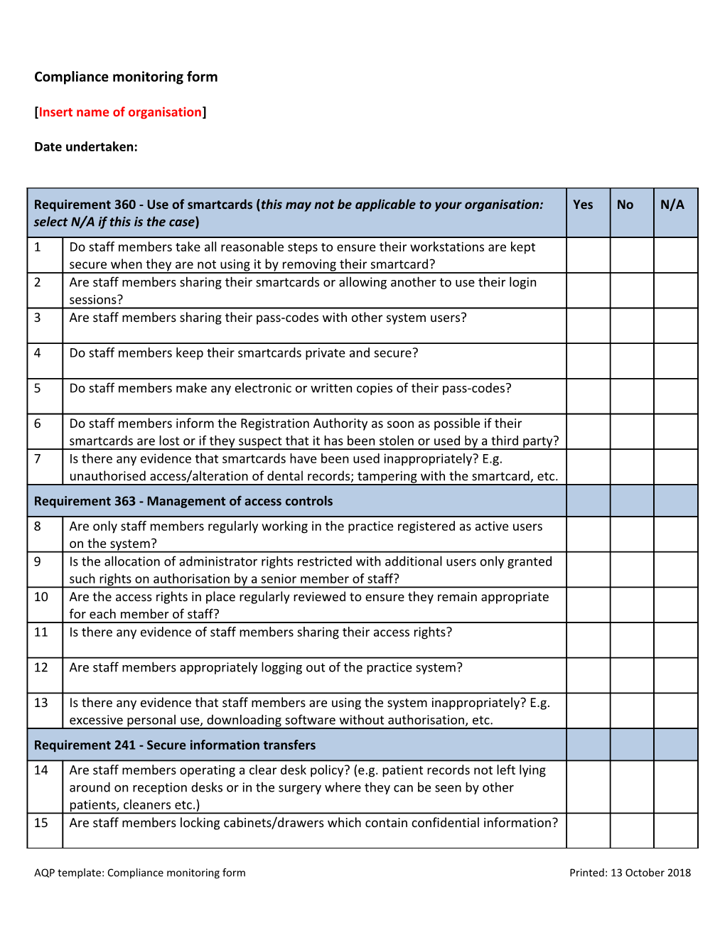 Compliance Monitoring Form