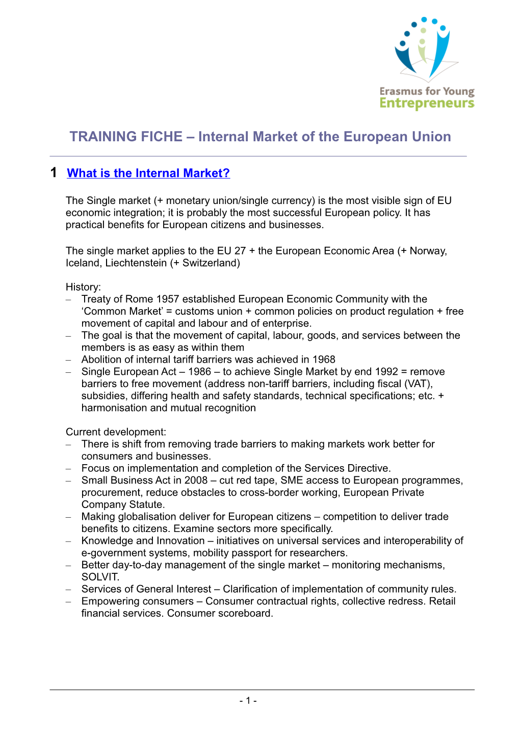 TRAINING FICHE Internal Market of the European Union