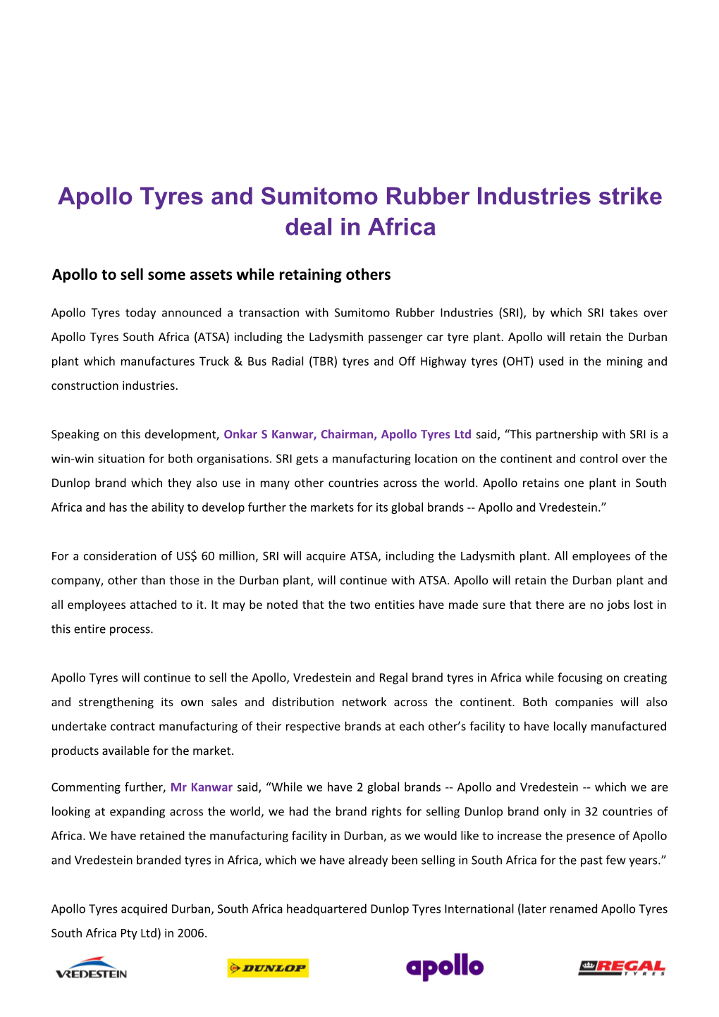 Apollo Tyres and Sumitomo Rubber Industries Strike Deal in Africa