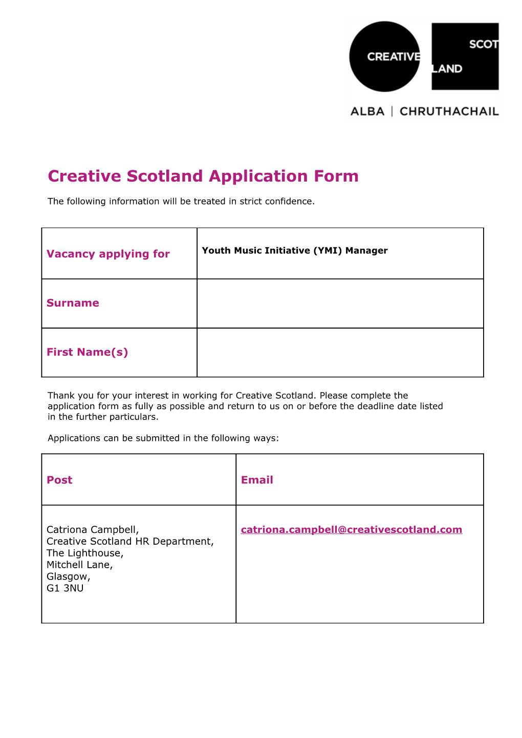 Creative Scotland Application Form