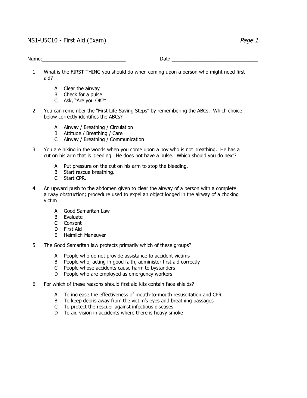 NS1-U5C10 - First Aid (Exam)Page 1