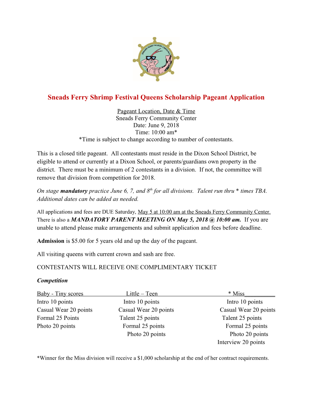 Sneads Ferry Shrimp Festival Queens Scholarship Pageant Application