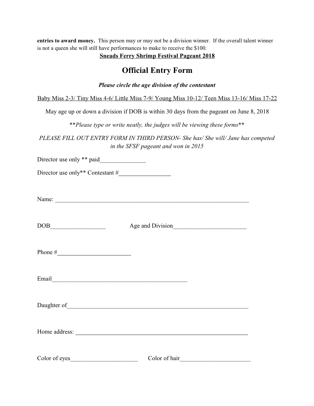 Sneads Ferry Shrimp Festival Queens Scholarship Pageant Application