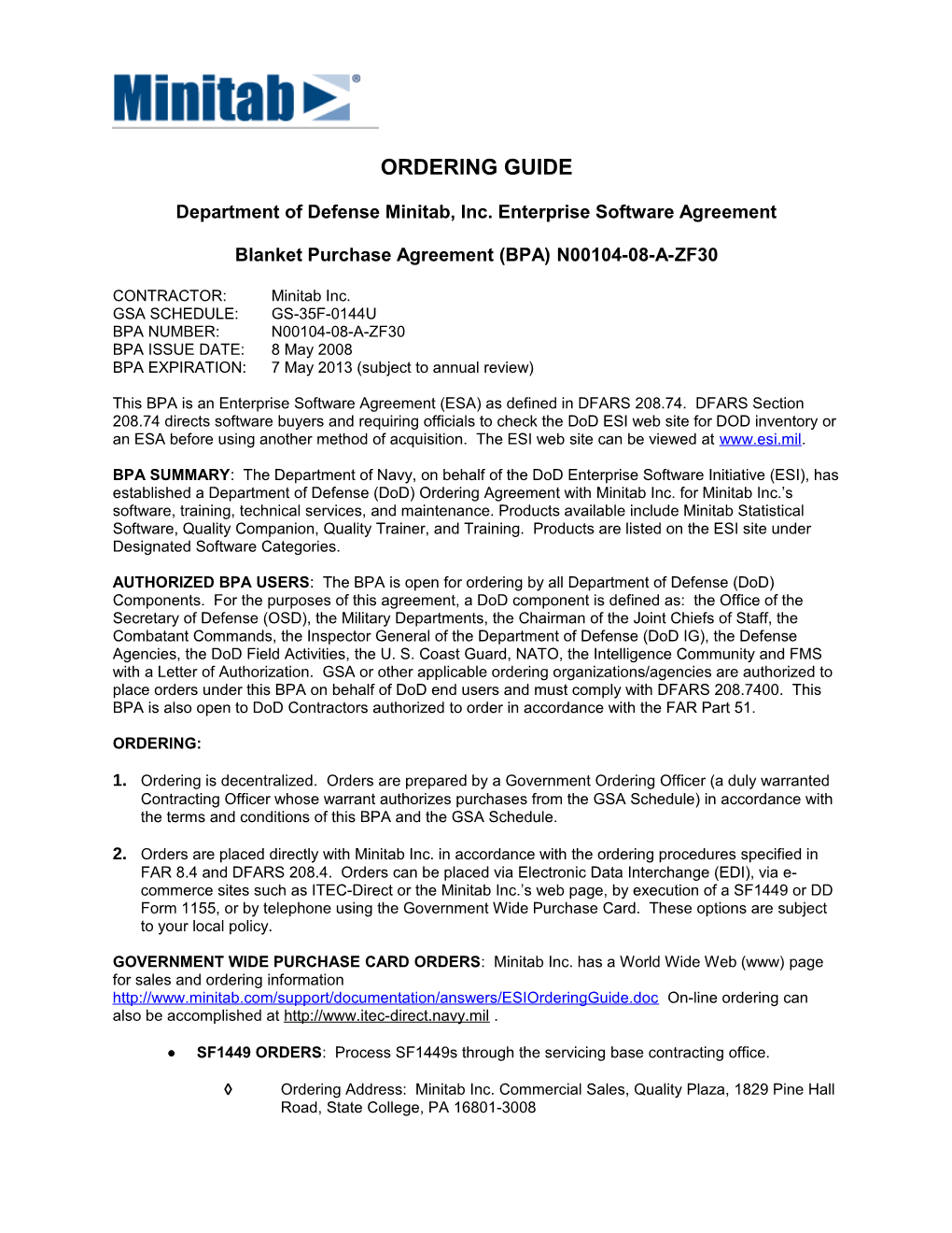 Department of Defense Minitab, Inc.Enterprise Software Agreement
