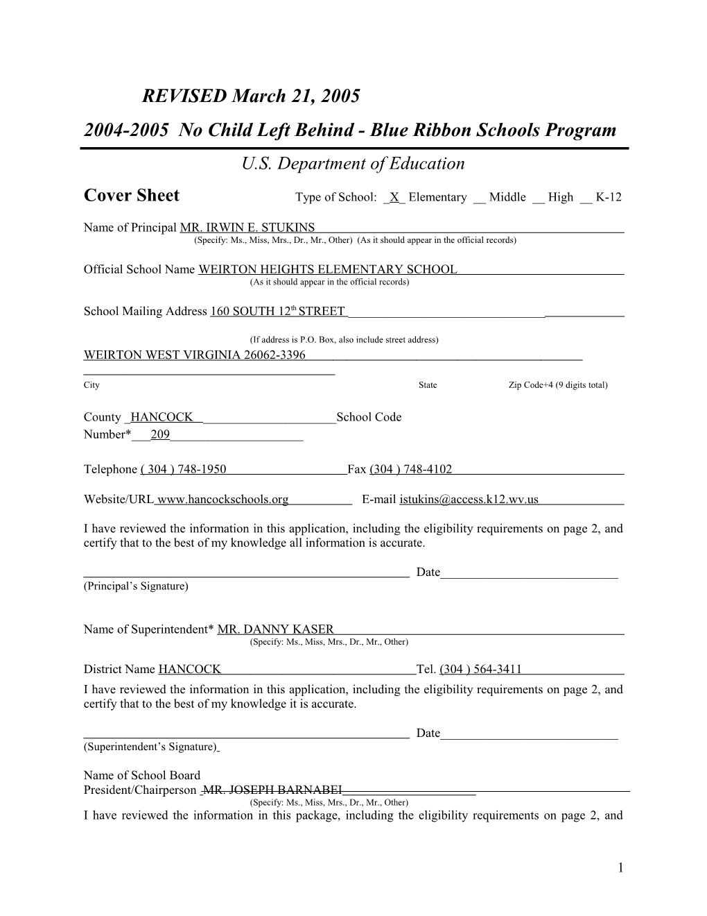 Weirton Heights Elementary School Application: 2004-2005, No Child Left Behind - Blue Ribbon
