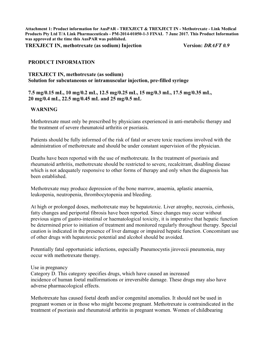 Auspar Attachment 1. Product Information for Methotrexate