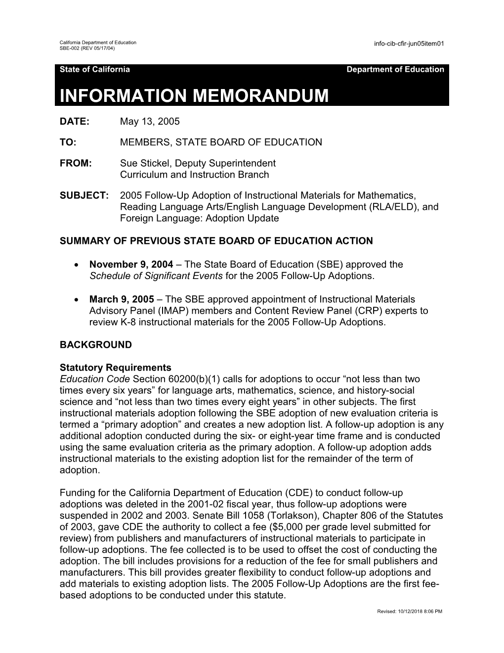 June 2005 CIB-CFIR Item 01 - Information Memorandum (CA State Board of Education)