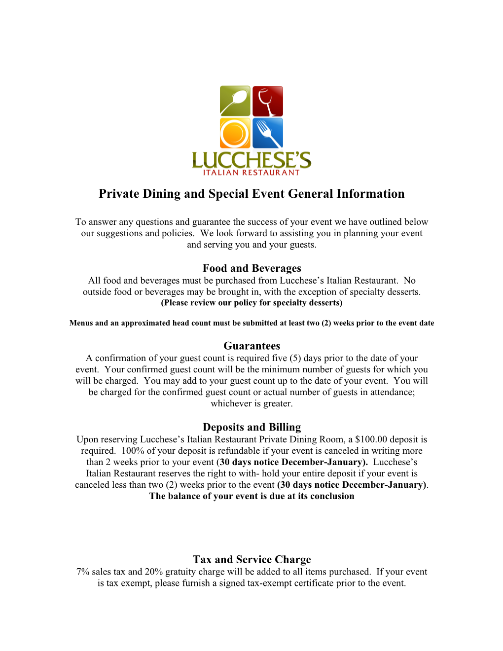 Private Dining and Special Event General Information