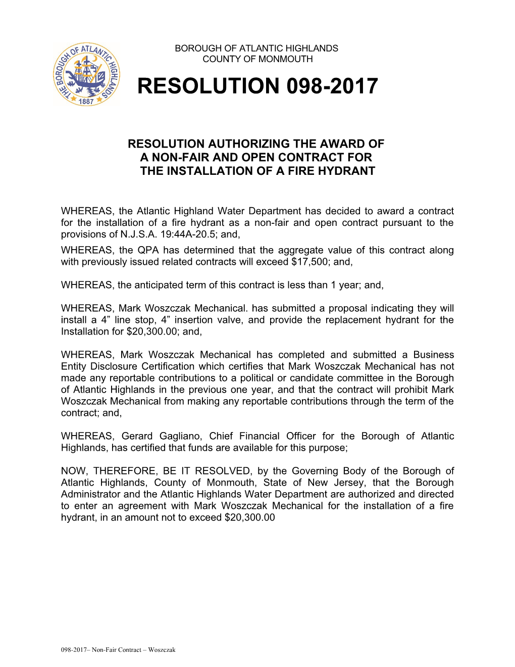 Resolution Authorizing the Award Of