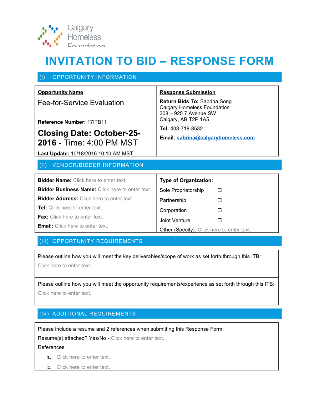 Invitation to Bid Response FORM