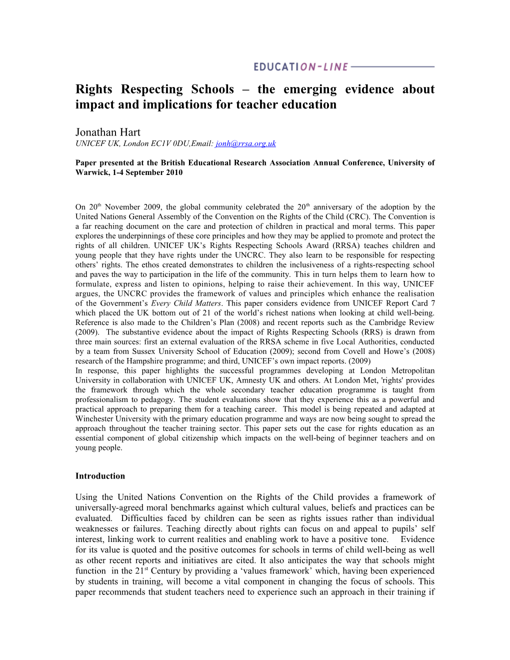 Rights Respecting Schools the Emerging Evidence About Impact and Implications for Teacher