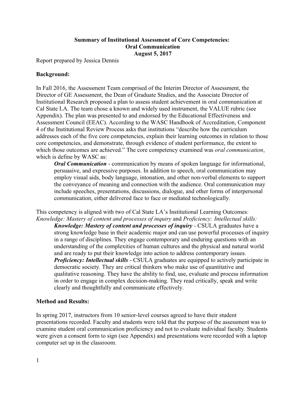 Summary of Institutional Assessment of Core Competencies