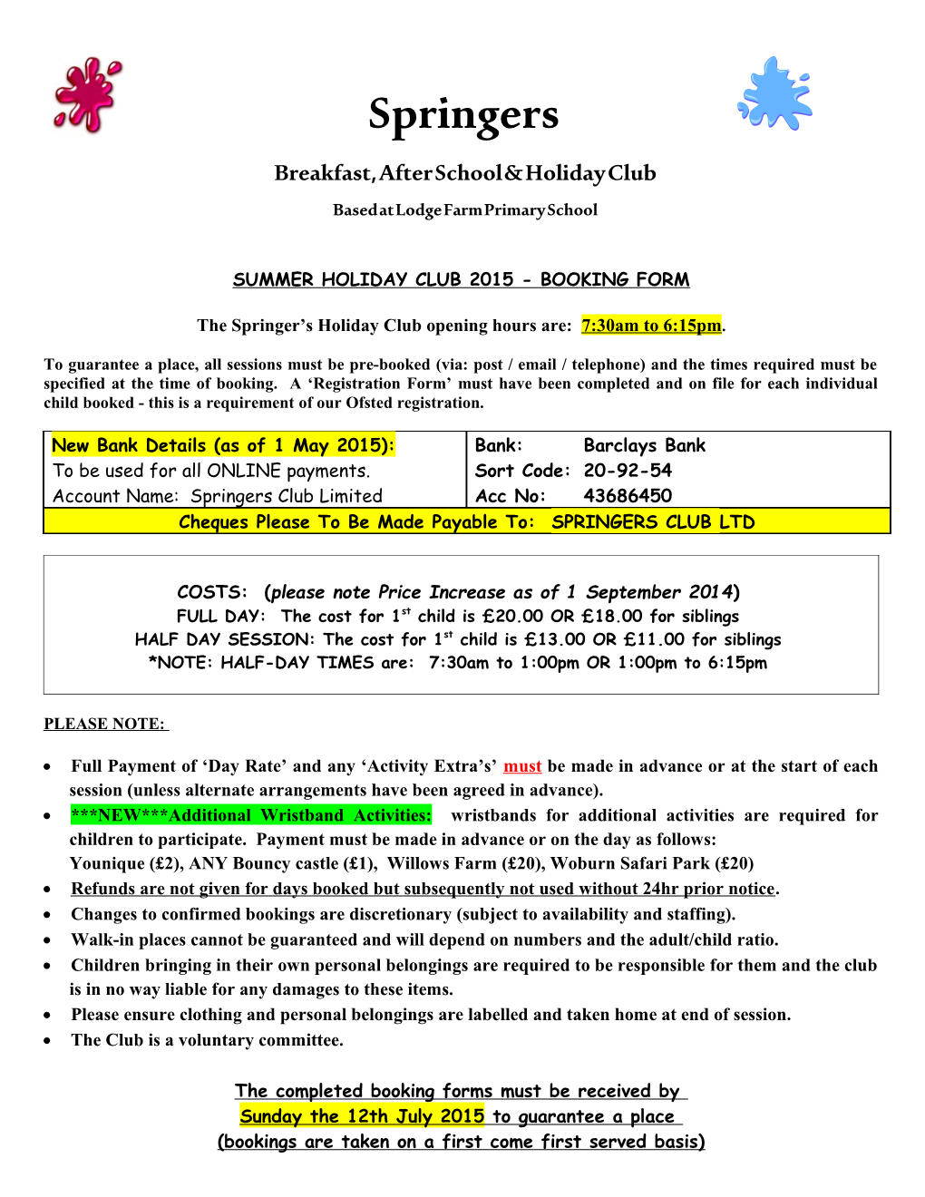 Summer Holiday Club 2015 - Booking Form