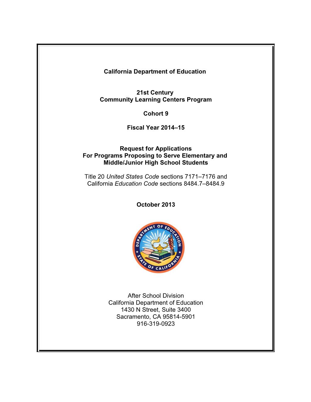 RFA-14: 21St CCLC - Elementary/Middle RFA (CA Dept of Education)