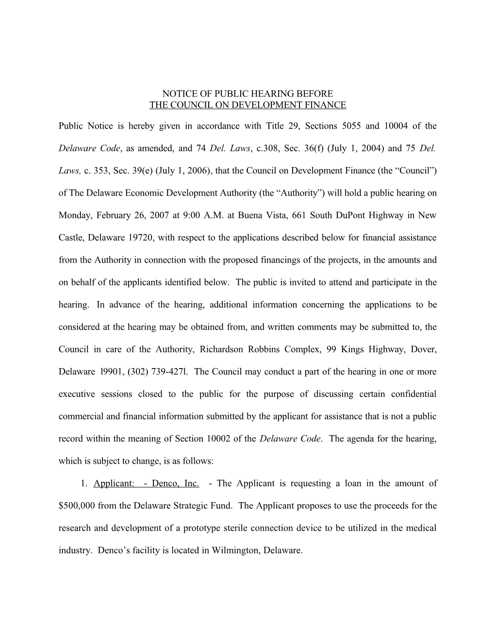 Notice of Public Hearing Before