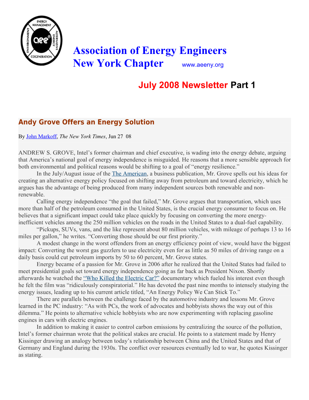 Andy Grove Offers an Energy Solution
