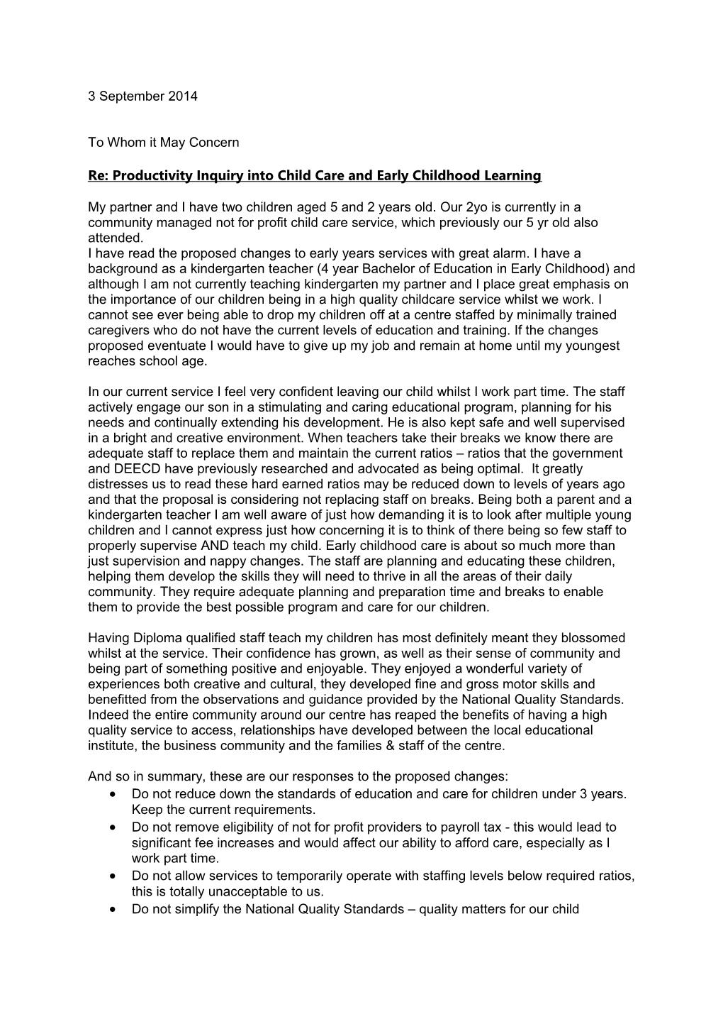 Submission DR609 - Nadine Van Ree - Childcare and Early Childhood Learning - Public Inquiry