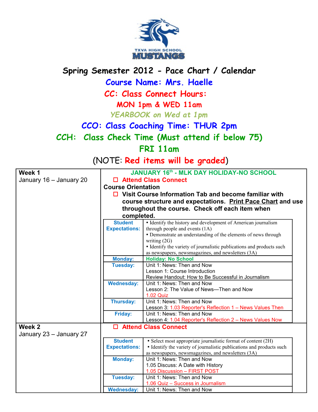 Spring Semester 2012 - Pace Chart / Calendar